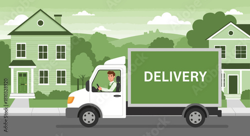 A vector illustration of a delivery truck driver navigating a suburban street, representing shipping and logistics services