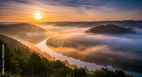 Sunrise Over the Saar River Valley - A Misty Morning Landscape.