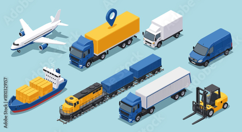 Diverse set of logistics and transportation icons, including airplanes, trucks, trains, vans, and forklifts
