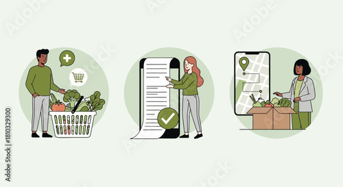 Grocery Shopping and Delivery Illustration Set for Online Business
