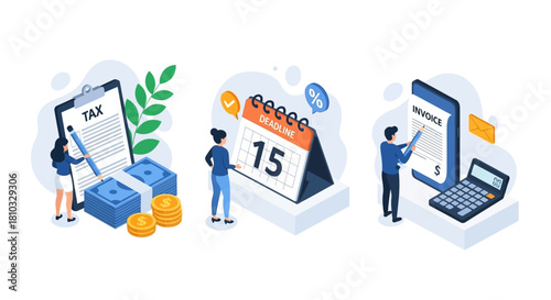 Isometric vector illustrations of financial management, tax preparation, and payment deadlines. Visuals for online billing, digital invoicing, and accounting concepts