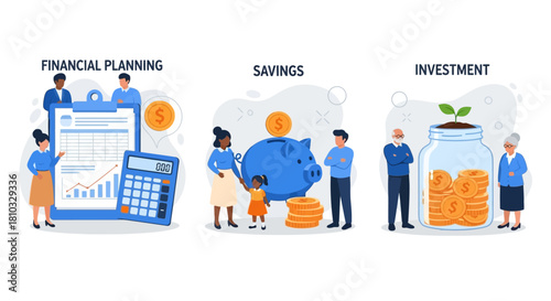 A visual representation of essential personal finance concepts including detailed financial planning, practical savings strategies, and smart investment growth