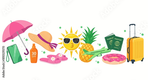 Vibrant vector illustration of summer travel and vacation essentials. Features beach accessories, luggage, passports, sun, pineapple, and umbrella, perfect for holiday promotions