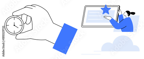 Hand holding clock symbolizing time management, woman engaging with starred document, and a cloud. Ideal for productivity, digital organization, time efficiency, goal setting, task prioritization