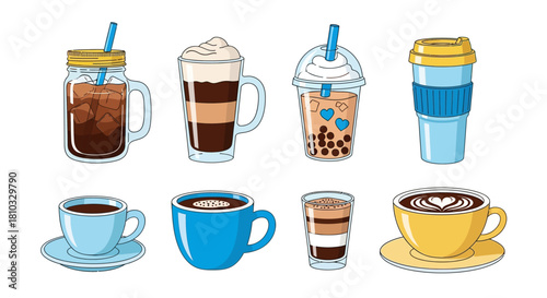 A vibrant vector illustration set showcasing a diverse array of popular coffee and tea beverages, including classic hot cups, frothy lattes, refreshing iced drinks, and trendy bubble tea,