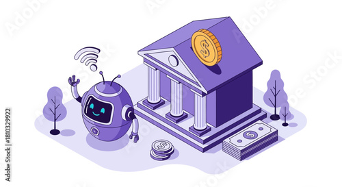Isometric illustration of an AI robot assistant managing digital banking and financial transactions, representing the future of fintech
