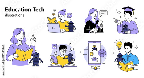 Education Tech Illustrations Students, AI Robots, Learning, Technology, and Innovation Concepts