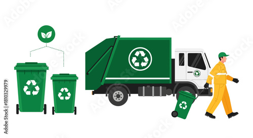 A sanitation worker in uniform is collecting a green recycling bin to load into a specialized garbage truck as part of a waste management service and an environmental conservation concept