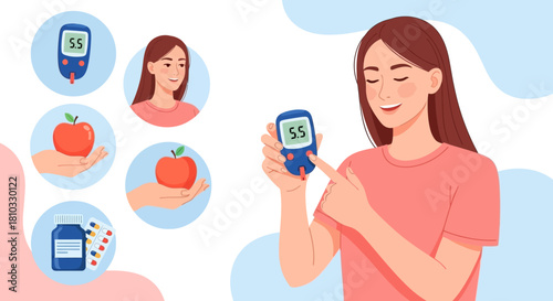 Woman Managing Diabetes with Glucometer and Healthy Food Icons