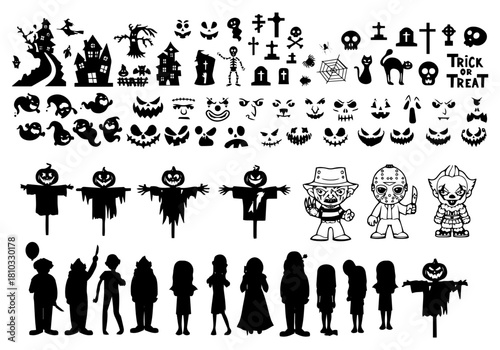 A spooky set of Halloween silhouettes featuring ghosts, creepy clowns, demons, scary pumpkins, witches, haunted houses, and other frightening characters