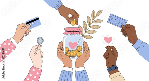 Diverse hands donating money to a charity jar, illustrating a concept of community support, fundraising, and generosity