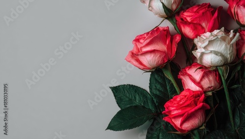 Bouquet of roses with deep red and pale pink blossoms against a neutral backdrop.