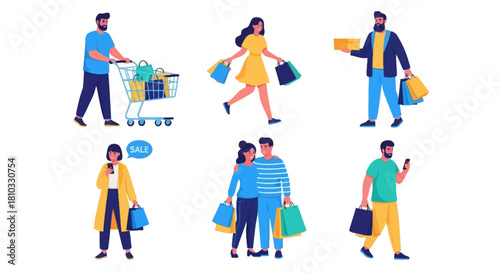 Vibrant vector illustration set showcasing diverse people engaging in various shopping activities, featuring individuals with carts, carrying bags, and interacting 