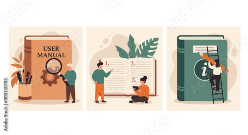 Illustration of people reading and interacting with user manuals and instruction books, signifying learning and information access