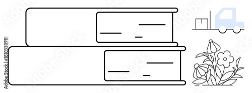 Stacked books with floral elements symbolizing growth and creativity, alongside a delivery truck for logistics. Ideal for education, learning, nature, logistics, creativity, environment, simple flat