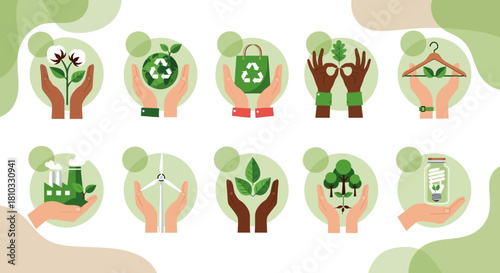 Comprehensive Vector Collection of Sustainable Development and Green Ecology Icons with Hands Holding Environmental Symbols for Eco-Friendly Concepts