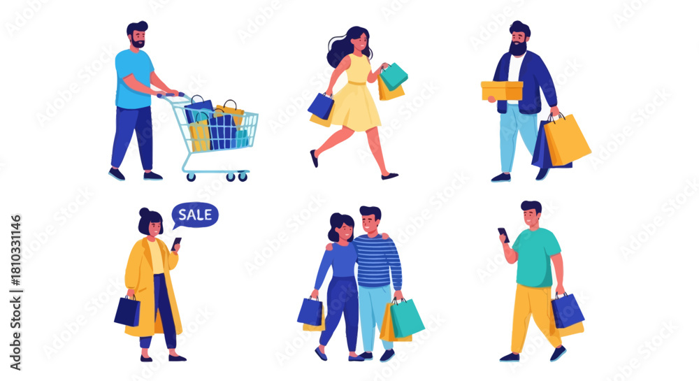 Fototapeta premium A diverse collection of modern shoppers engaged in retail activities, including carrying bags, pushing a cart, and using smartphones for sales