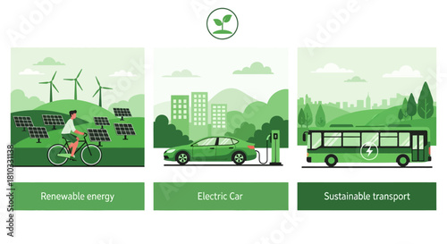 Vector banners illustrating a green lifestyle with renewable energy sources, electric cars, and sustainable public transportation