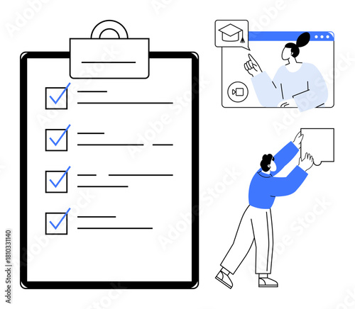 Checklist concept. Efficient checklist usage for productivity, task organization, and goals. Checklist include online learning, teamwork, deadlines, and project management