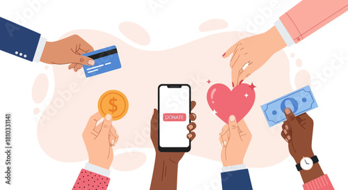 Diverse Hands Contributing to a Heart A Vector Illustration of Donation and Support