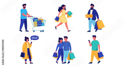 A diverse collection of modern shoppers engaged in retail activities, including carrying bags, pushing a cart, and using smartphones for sales