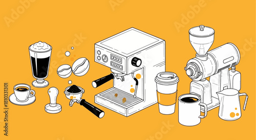 Coffee Brewing Process Isometric Illustration of Coffee Machine, Beans, and Accessories on Yellow