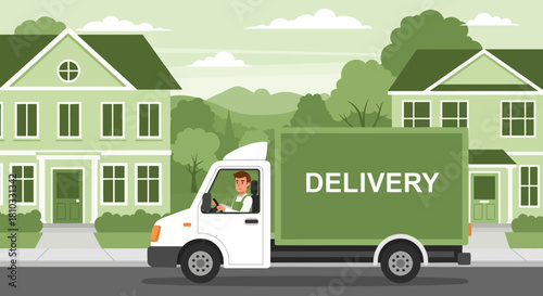 Vector illustration of a commercial cargo van on a residential street for courier and logistics services