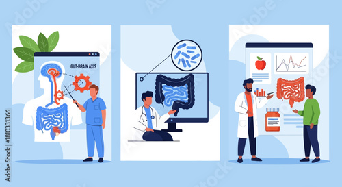 Educational illustrations about gut health and digestive system functions for medical and science communication
