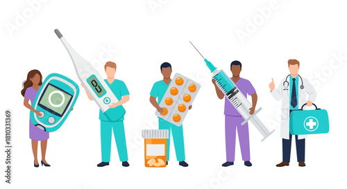 A diverse team of medical professionals and healthcare staff holding essential treatment equipment. A vector concept illustration