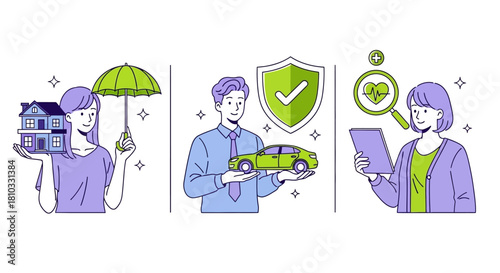 Comprehensive Insurance Coverage Home, Auto, Health - Vector Illustration