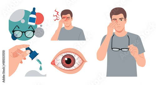 A collection of vector illustrations showing a man with red, tired eyes, eye pain, and allergy symptoms using eye drops for treatment