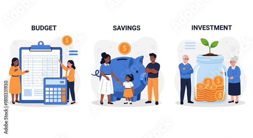 Conceptual vector illustrations depicting the journey of financial planning, from budgeting and family savings to long-term investment for retirement