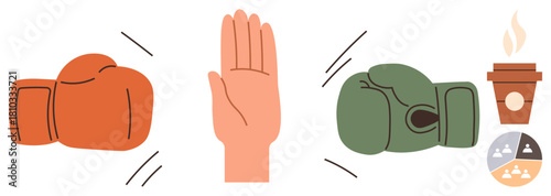Red and green boxing gloves facing a raised hand as a peace gesture, joined by a coffee cup and teamwork symbol. Ideal for communication, negotiation, mediation, conflict management, teamwork
