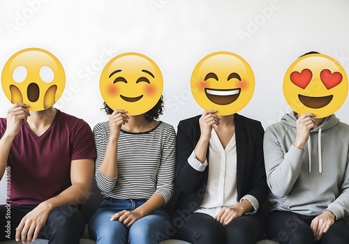 Young Friends Holding Emoji Faces Showing Excitement. Generative Ai