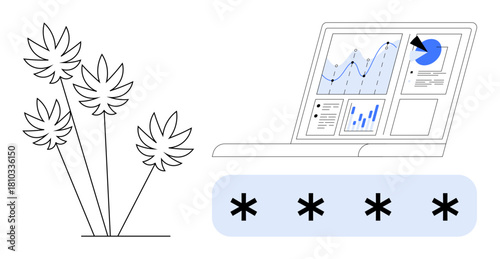 Cannabis plant alongside a laptop displaying business analytics, graphs, and security password input. Ideal for data analysis, cannabis industry, market research, cybersecurity, technology, growth