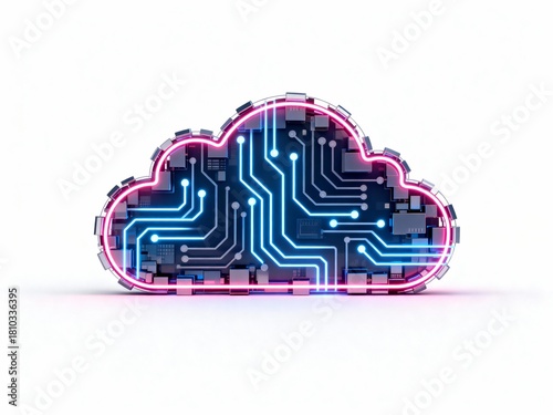 Cloud Computing icon with glowing neon digital circuit board - 3D render high-tech data and networking concept