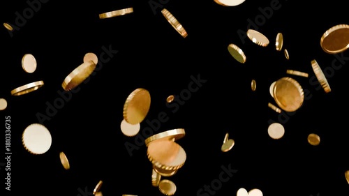 golden 3d coins falling from above, black background