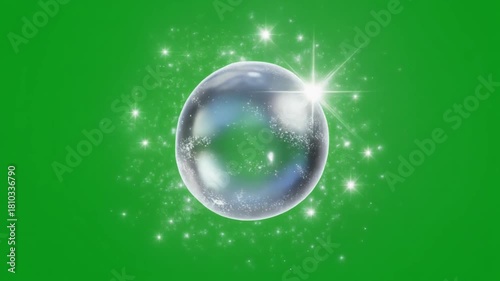 A luminous transparent sphere with shimmering reflections and sparkling particles floats gracefully against a vibrant green background, evoking magic and purity.