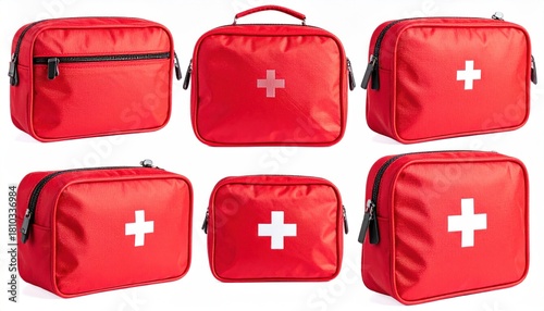 red first aid kit bags in different angles isolated white background, portable medicine canvas pouch with closed zipper for medical care in case of an emergency