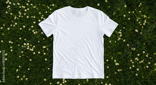 Blank White T-Shirt Mockup on Green Grass with Flowers perfect for apparel mockup, product display, website banner, e-commerce, print-on-demand,