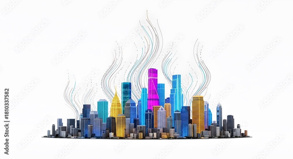 Fototapeta premium Futuristic Smart City with Vibrant Digital Data Flow perfect for website banner, technology blog, corporate presentation, marketing materials, annual