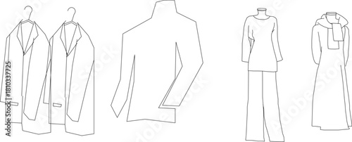 A vector line art set of clothing items including blazers/jackets on hangers, a turtleneck shirt, wide-leg pants, and a long hooded coat, suitable for fashion/architectural drawings.