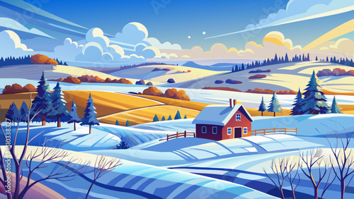 Very beautiful peaceful winter landscape in North Dakota, featuring wide snow-covered fields, gentle rolling terrain, and a calm blue sky creating a serene, bright, and tranquil seasonal atmosphere.