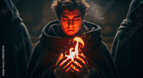 Man, a wizard, holding fire in his bare hands. Fantasy adventure and magic concept for storytelling and hero journey.