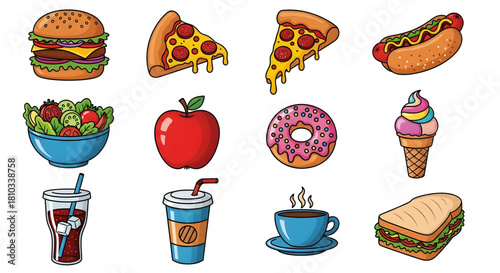 A set of colorful cartoon illustrations of popular fast food and dessert items: burger, pizza, salad, apple, donut, ice cream, and coffee.