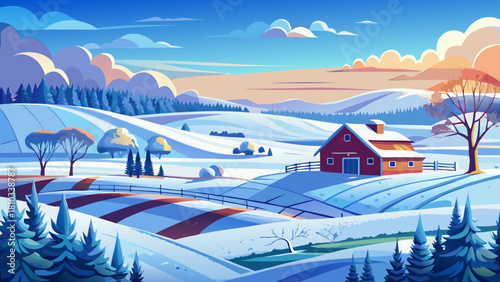 Very beautiful peaceful winter landscape in North Dakota, featuring wide snow-covered fields, gentle rolling terrain, and a calm blue sky creating a serene, bright, and tranquil seasonal atmosphere.