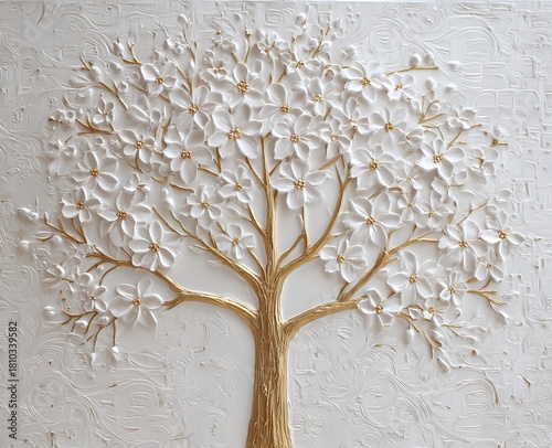 White and gold 3D flower tree relief sculpture for elegant home wall decoration