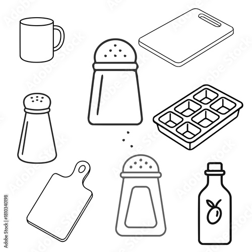 Outline icons of kitchen items include a mug, salt shakers, cutting boards, ice tray, and an olive oil bottle. The salt shakers vary in design, featuring classic and modern styles.