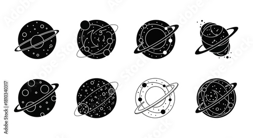 Photos Dynamic collection of stylized planets with rings and stars, perfect for science