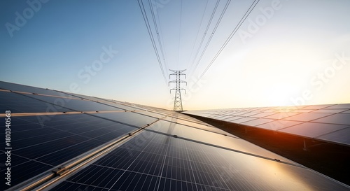 Solar Farm and Electricity Pylon at Sunset perfect for energy company website, sustainability report, environmental campaign, industry presentation,